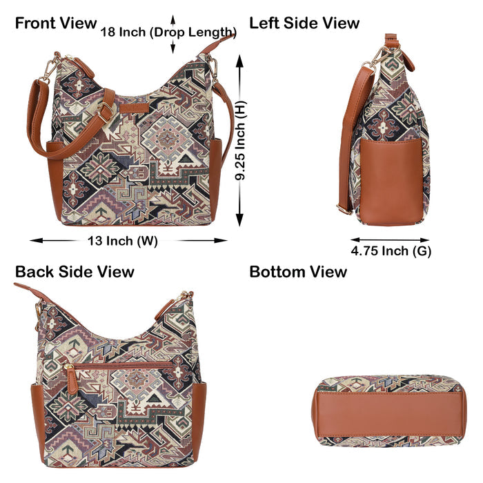 Women’s geometric tapestry vegan‑leather hobo crossbody bag for travel, office, work, and everyday use — Canada & USA-infographic image