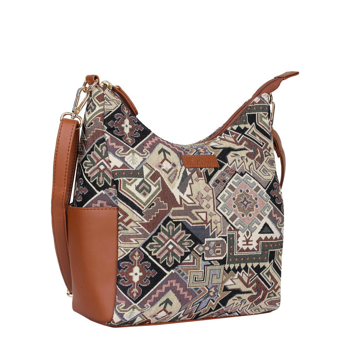 Women’s geometric tapestry vegan‑leather hobo crossbody bag for travel, office, work, and everyday use — Canada & USA-half side view