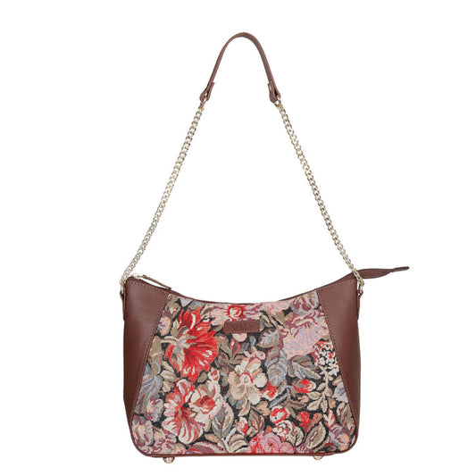 Women's Floral Tapestry Hobo Shoulder Bag with Leather Trim - Canada & USA