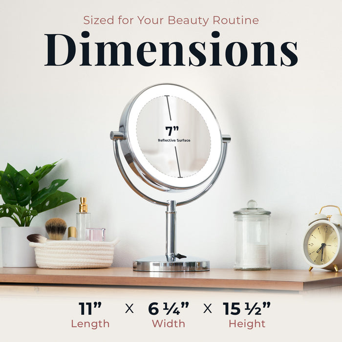 Zadro LEDVR410 705004422949 environment photo side view on makeup table with dimensions, laguna lighted makeup mirror with magnification in front of a real life setting