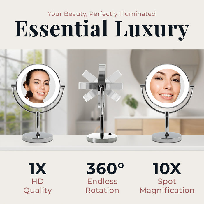 Zadro LEDVR410 705004422949 environment photo with specs, laguna lighted makeup mirror with magnification in front of a real life setting