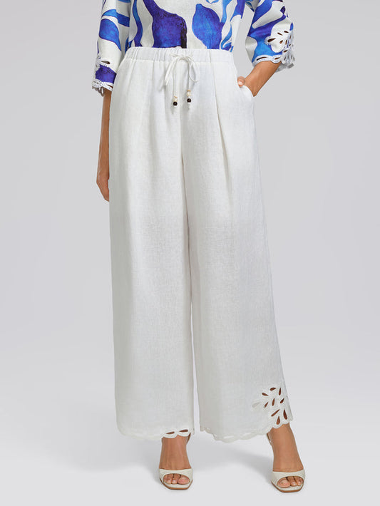 Linen Cutout Embroidered Straight-Leg Pants
