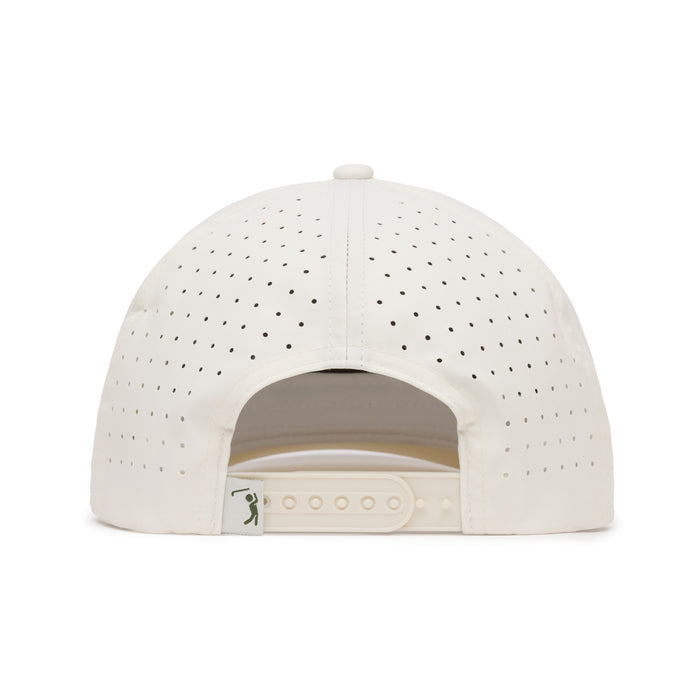 White perforated baseball cap viewed from the back, showing adjustable snap closure and a small tag with a simple green figure icon. The caps fabric is filled with evenly spaced small holes for ventilation. Background is plain white.