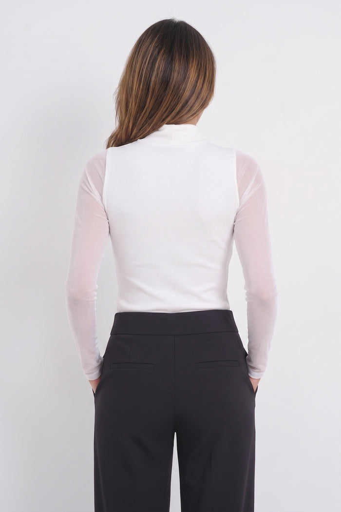 Luna Long Sleeve Mixed Media Turtleneck with Transparent Sleeve