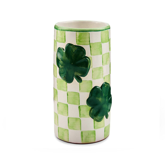 green check vase with clovers