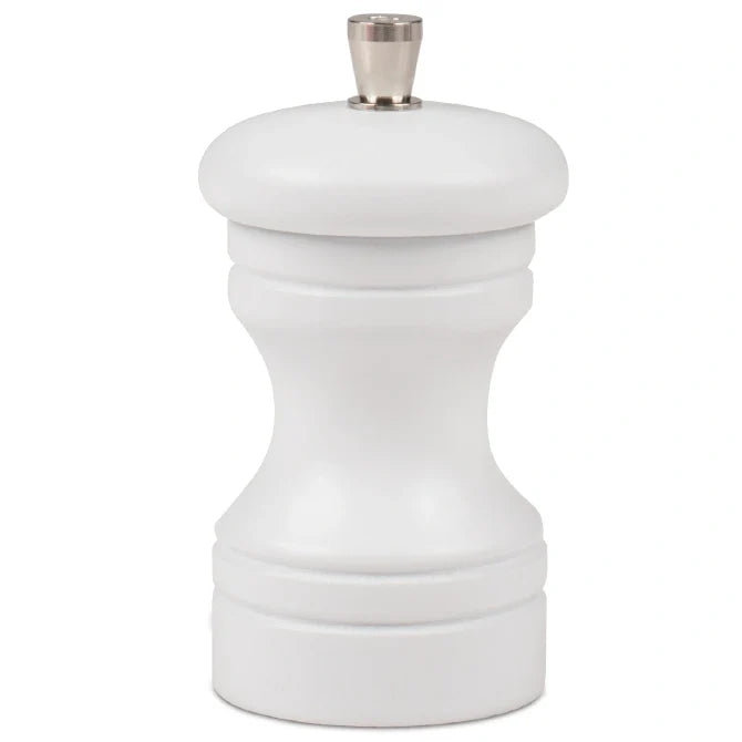White pepper grinder with silver top on a white background