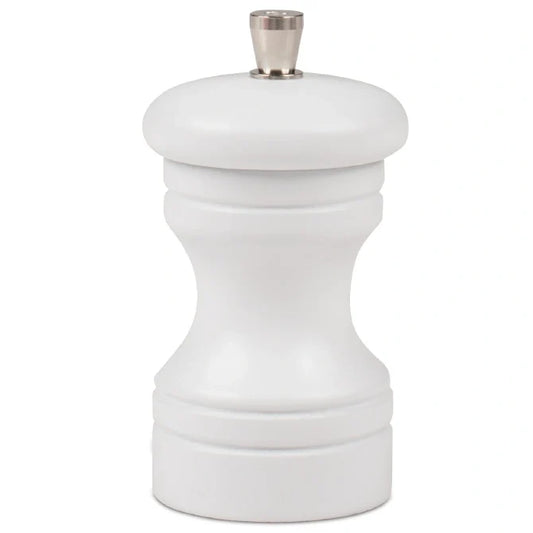 White pepper grinder with silver top on a white background