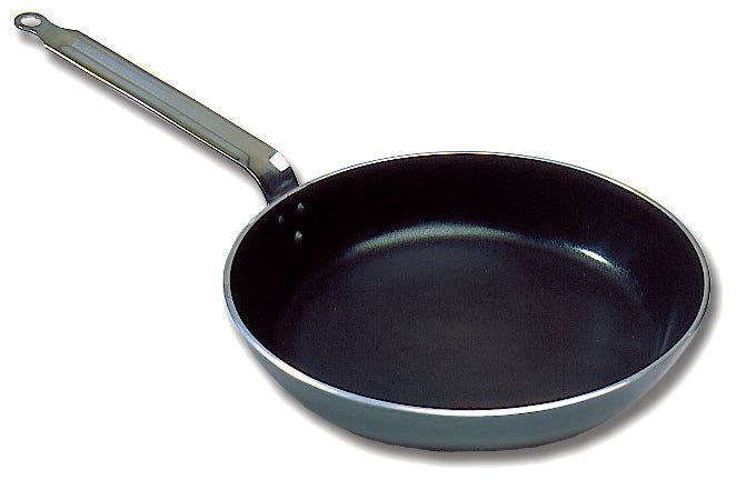 Black frying pan with handle on a white background.