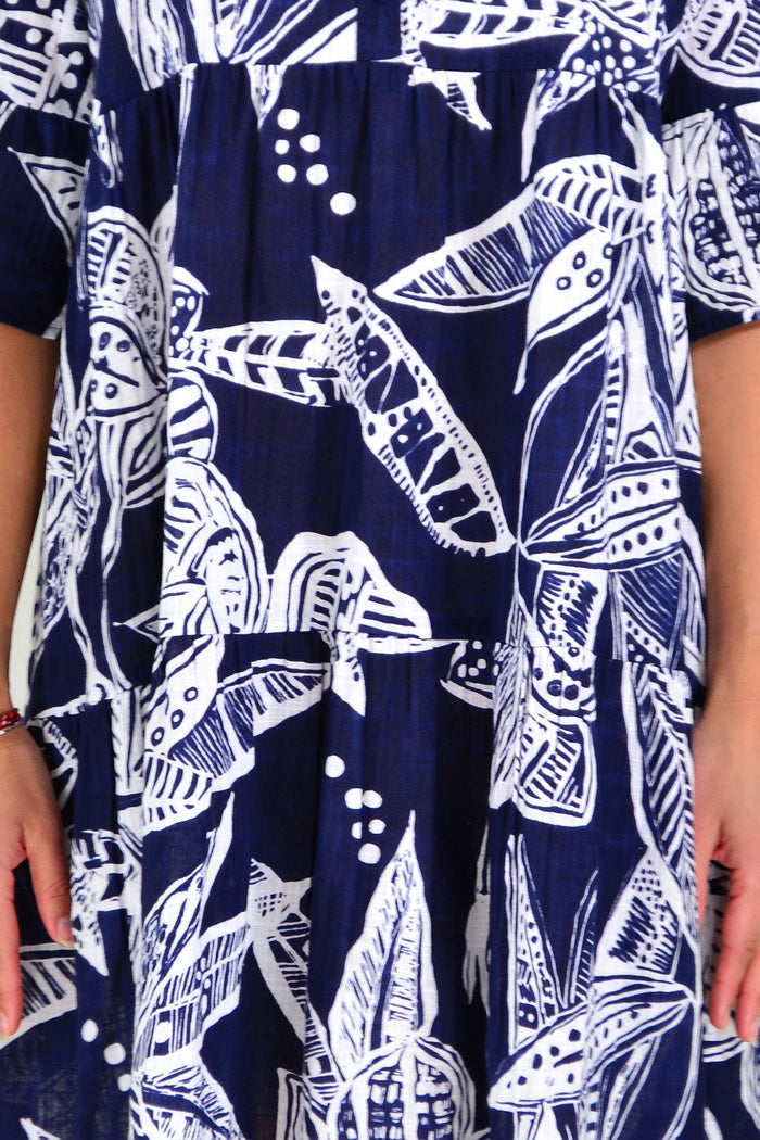 One Summer Maya Button V Neck Layer Dress tunic with buttons and layered design, shown hanging on a hanger.