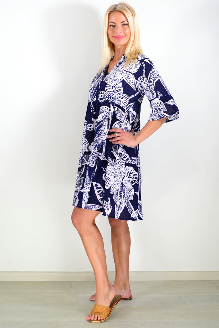 Light blue Maya Button V Neck Layer Dress tunic by One Summer, featuring a button front and layered design.
