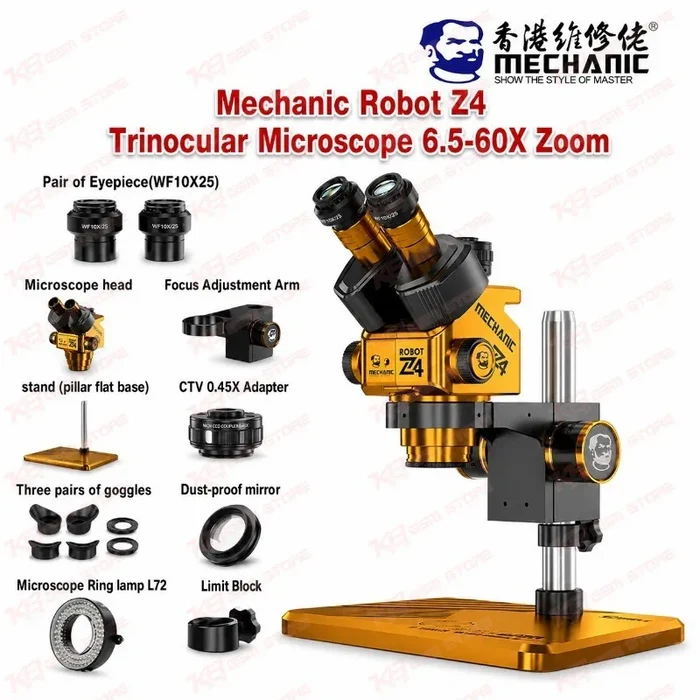 Mechanic Robot Z4 Trinocular Microscope 6.5-60X Zoom