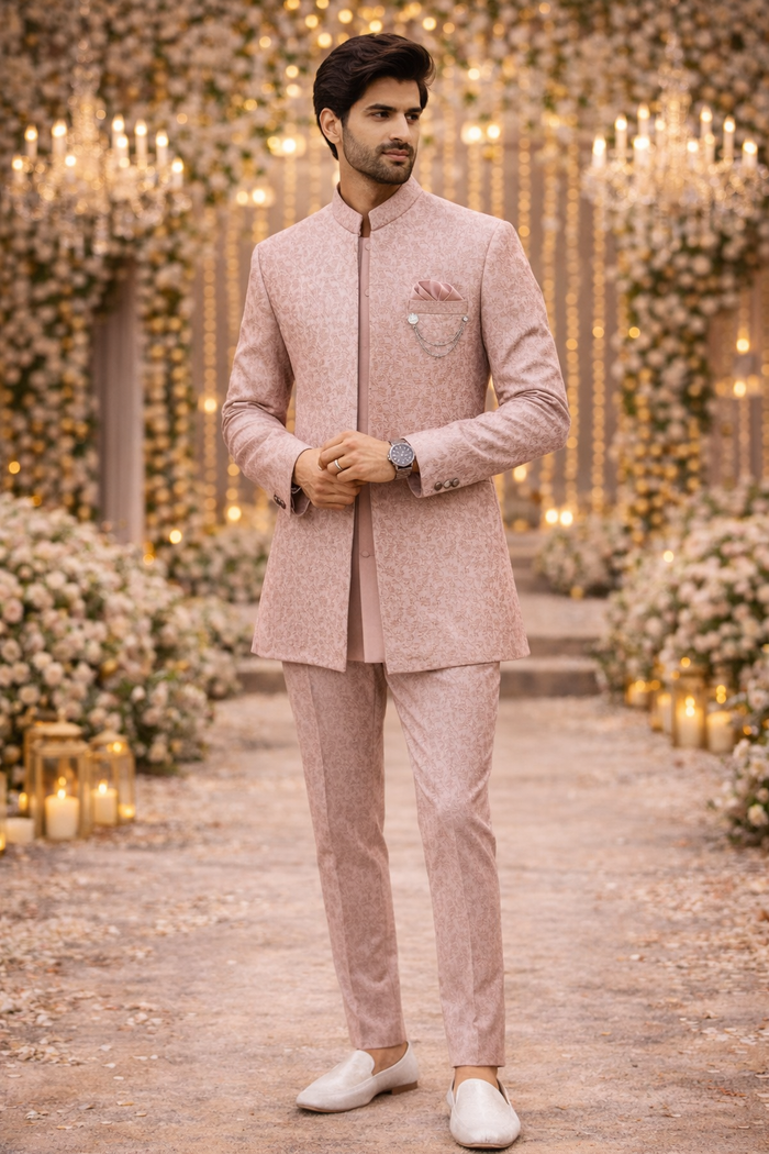 Men’s Blush Pink Jacquard Self-Patterned Indo-Western Sherwani