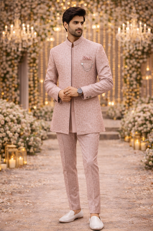 Men’s Blush Pink Jacquard Self-Patterned Indo-Western Sherwani