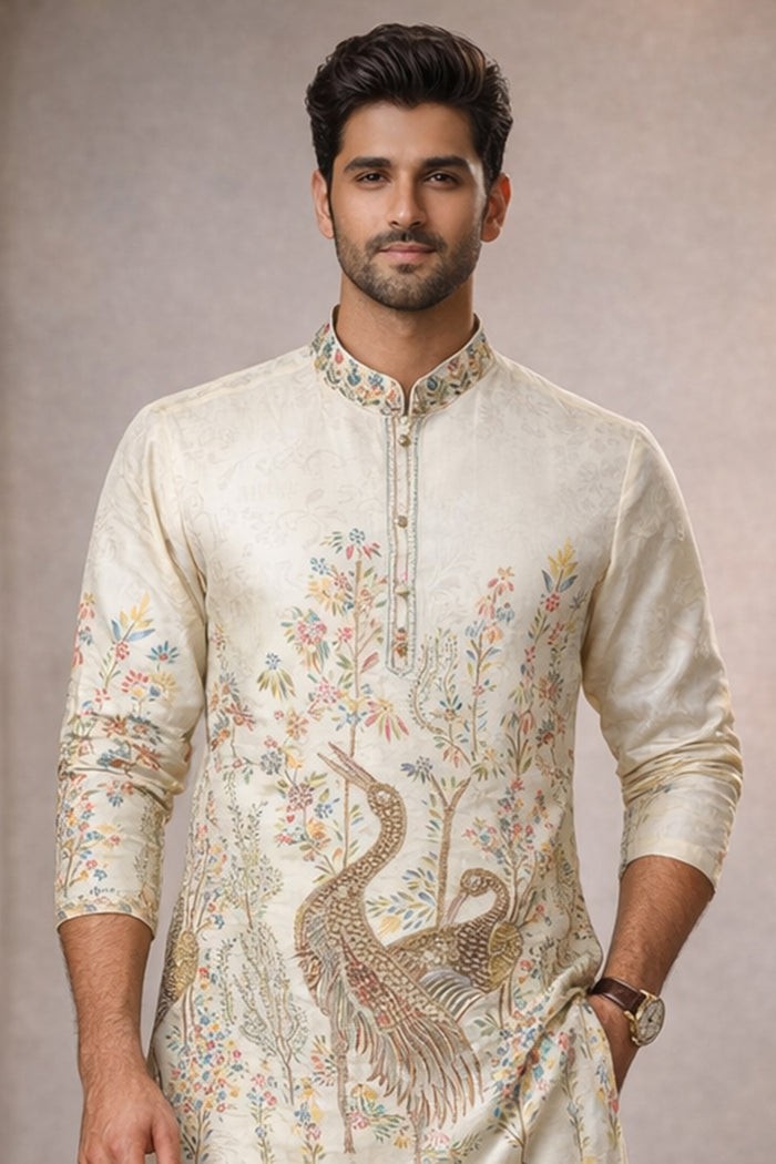 Men’s Cream Peacock Printed Kurta