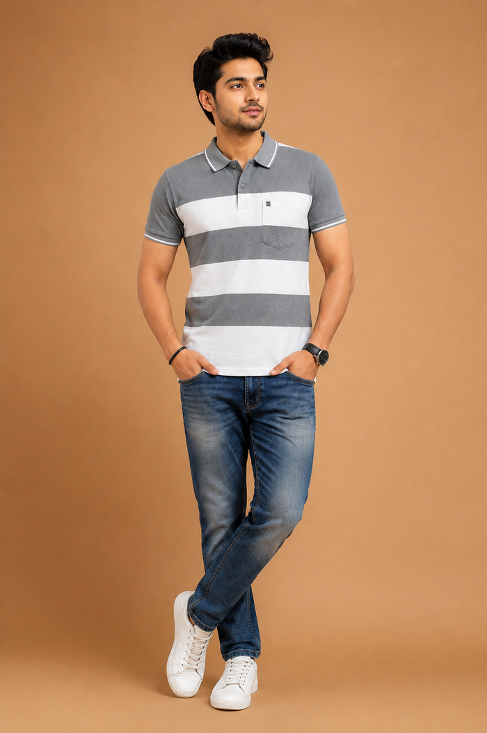Men’s Grey & Off White Striped Polo T-Shirt