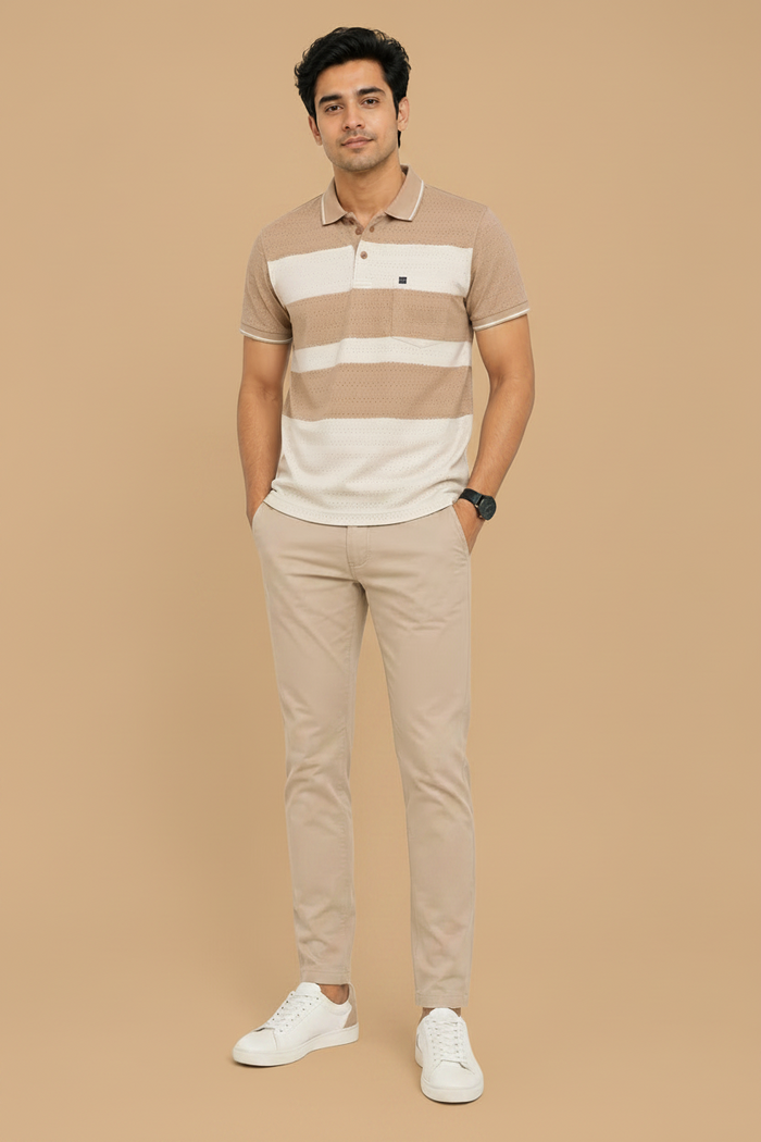 Men’s Grey & Off White Striped Polo T-Shirt