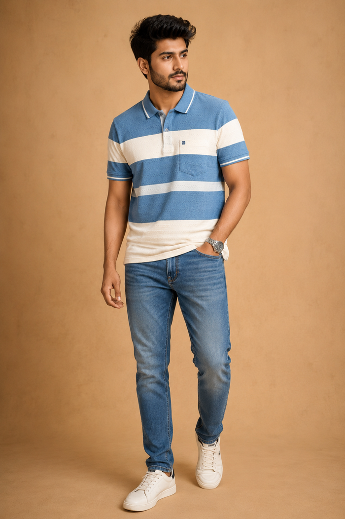 Men’s Grey & Off White Striped Polo T-Shirt