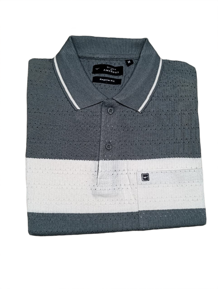 Men’s Grey & Off White Striped Polo T-Shirt