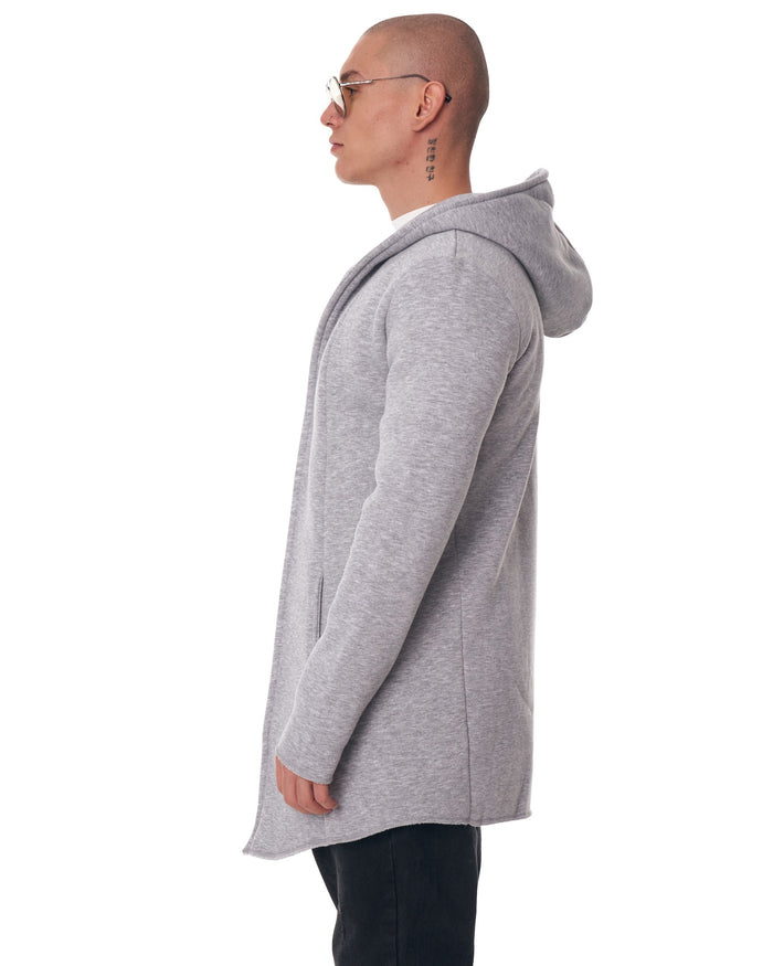 Martin Valen men's long grey cardigan, left profile view showing hood and straight side seam