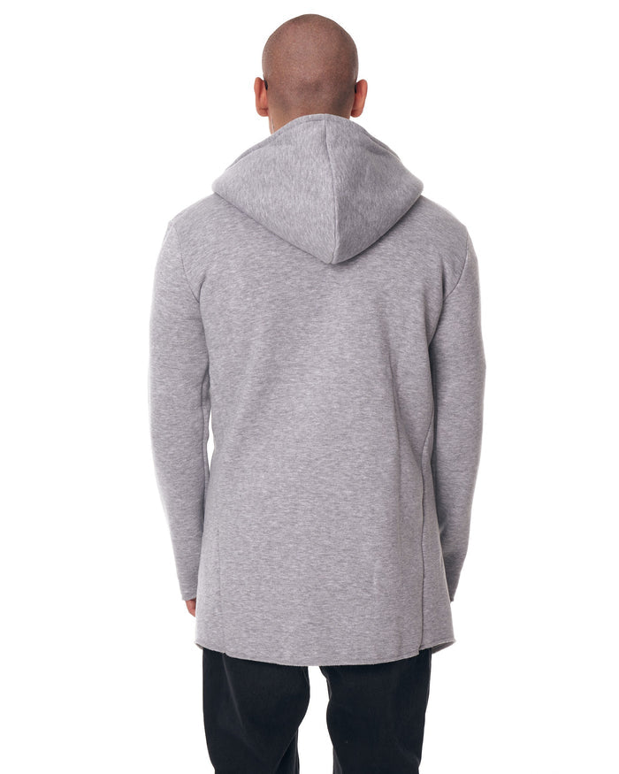 Martin Valen men's long grey cardigan seen from back with raised hood and straight cut