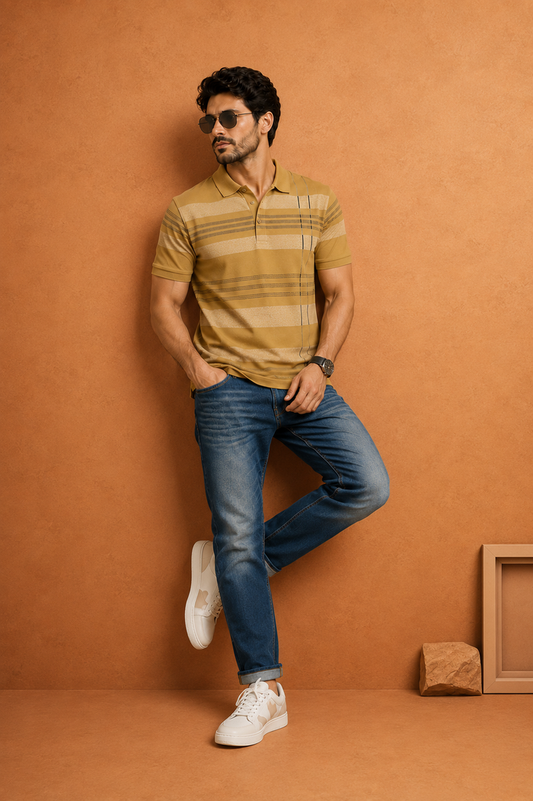 Men's Mustard Gold Striped Polo T-Shirt