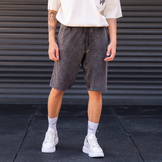 Martin Valen oversized men's thick fabric smoked grey shorts, front view showing drawstring and side pockets