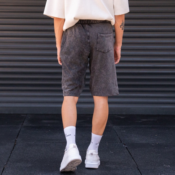 Martin Valen oversized men's thick fabric smoked grey shorts, rear view showing patch back pocket and elastic waistband