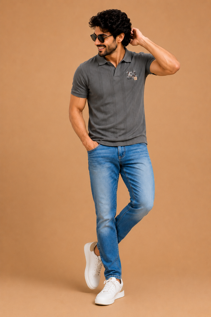 Men's Premium Charcoal Grey Textured Polo T-Shirt