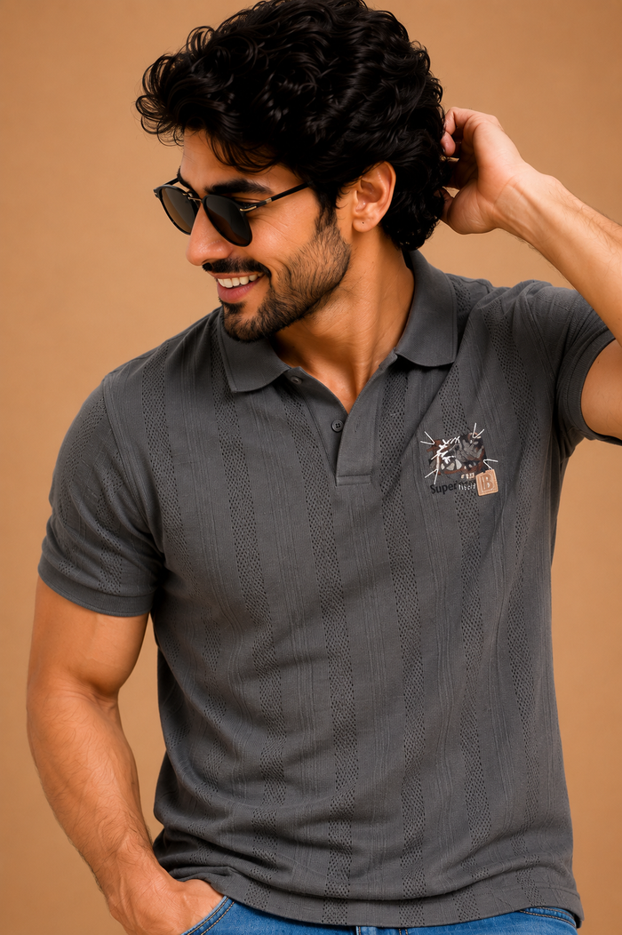Men's Premium Charcoal Grey Textured Polo T-Shirt