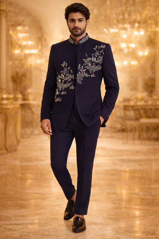 Men’s Premium Navy Blue Embroidered Indo-Western Bandhgala Jacket