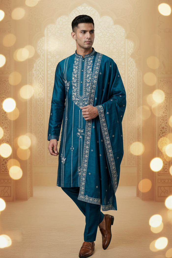 Men’s Premium Teal Blue Embroidered Kurta Set with Dupatta