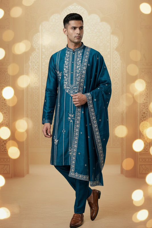 Men’s Premium Teal Blue Embroidered Kurta Set with Dupatta