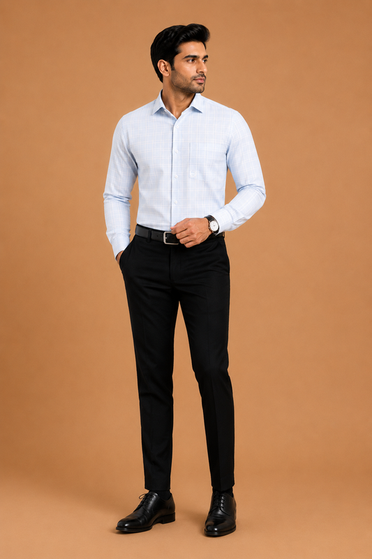 Men’s Sky Blue Checked Rich Cotton Formal Shirt