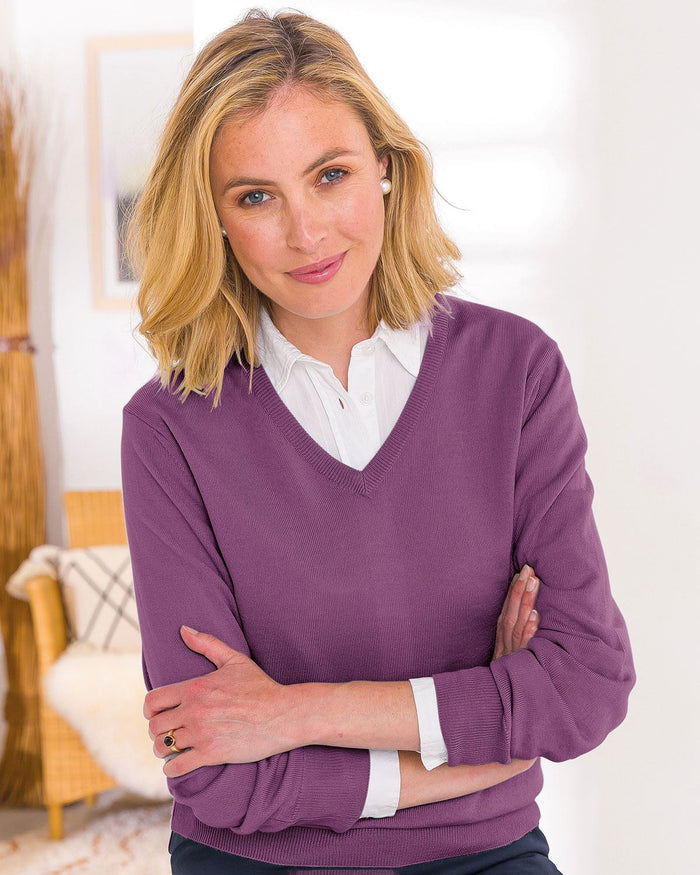 Merino V neck Sweater Ladies - Plum - The Classic Boutique