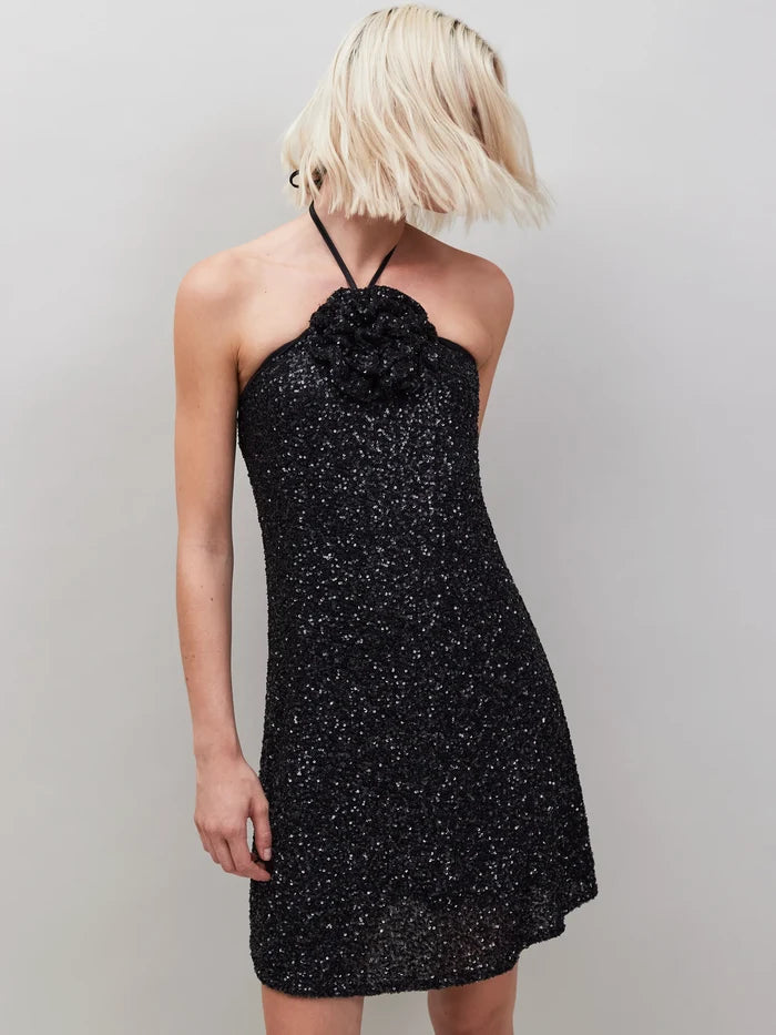 Mimi Sequinned Corsage-Detail Halterneck Mini Dress