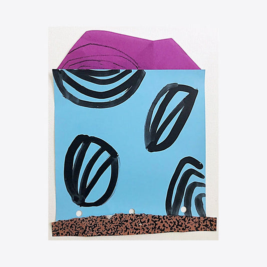 The artwork 'Mountains and Chocolate' by Lauren Packard features abstract geometric shapes in bold black strokes against a vibrant sky-blue background, topped with a magenta mountain-like form. The bottom edge shows a textured brown strip reminiscent of chocolate or earth, created through mixed paper collage, ink and graphite techniques. - Lauren Packard