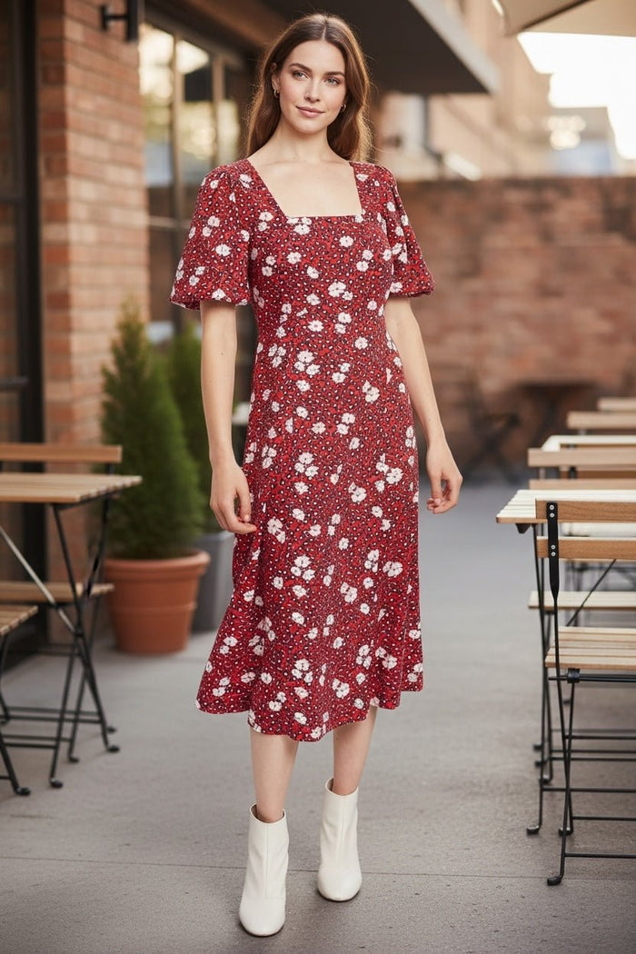 Nadine Roaring Daisy Print Square Neck Balloon Sleeve Midi Dress – Red - Bascora