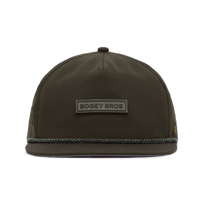 Dark green baseball cap with a flat brim, featuring a raised rectangular patch on the front that reads BOGEY BROS in uppercase letters; a decorative braided rope runs along the brim.