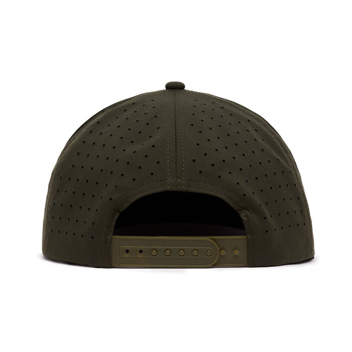 Back view of an olive green baseball cap with small ventilation holes, a button on top, and an adjustable plastic snapback closure. The cap has a structured shape and the inside is not visible due to the angle.