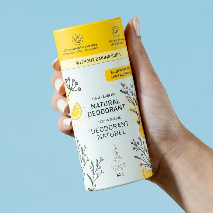 Aluminum-free natural deodorant in Yuzu Verbena scent held in hand, perfect for sensitive skin and low-waste living in Calgary