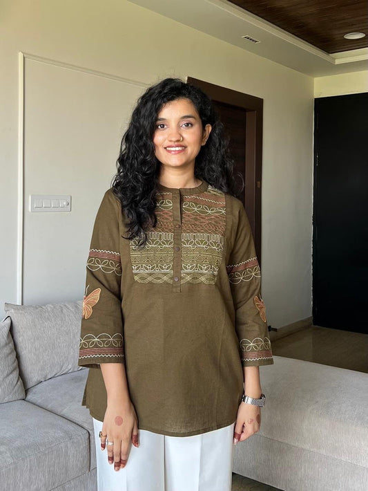 Netra Embroidered Closed Neck Top- Olive