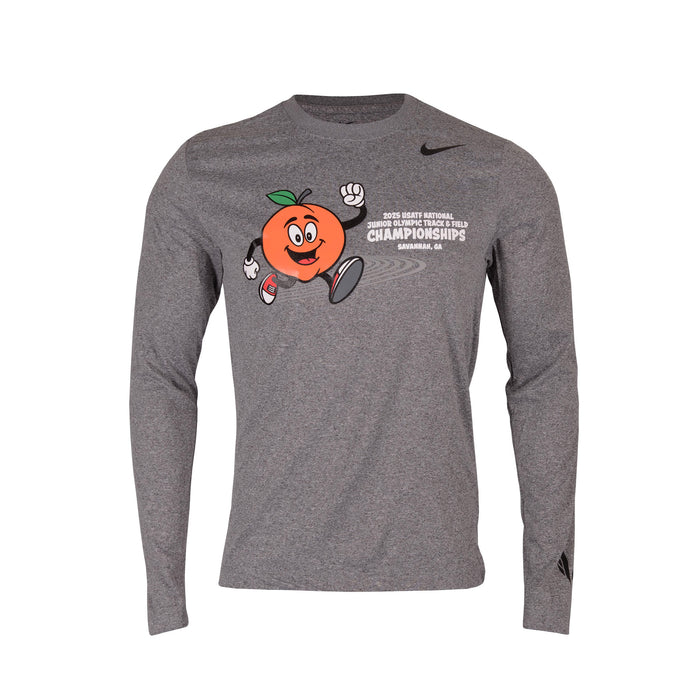 Gray long-sleeve shirt with a cartoon peach character and Nike logo on a white background