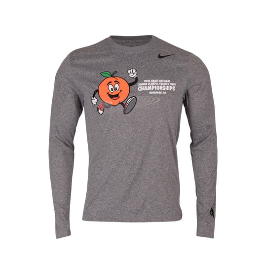 Gray long-sleeve shirt with a cartoon peach character and Nike logo on a white background