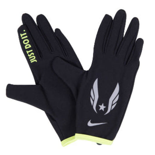 A pair of black Nike USATF lightweight rival run gloves with reflective details and branding.