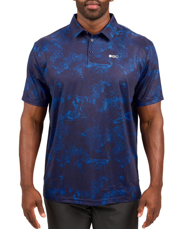 Man wearing blue polo with unique pattern from Black Clover