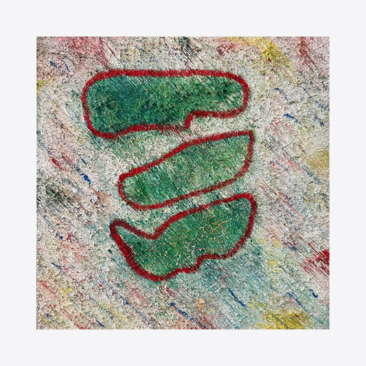 The artwork 'Number 22' by Roberto A Godinez features three segmented green shapes with bold red outlines, arranged in a winding pattern against a textured, multi-colored background with flecks of pink, yellow, and blue. The abstract composition on oil canvas creates a dynamic visual rhythm through curved organic forms.