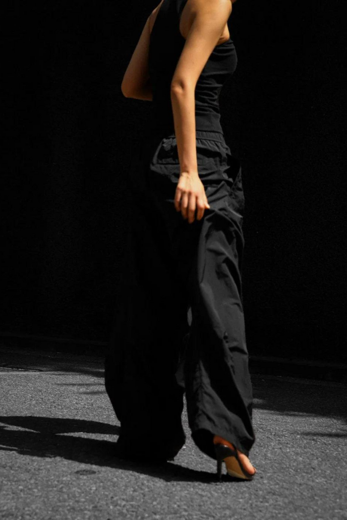 Nylon black Drawstring Wide Trousers