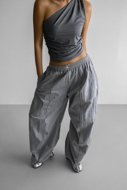 Nylon silver Drawstring Wide Trousers