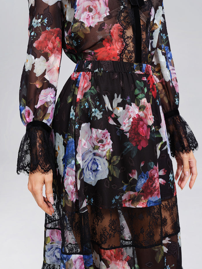 Oil Rose Print Lace Mesh Skirt