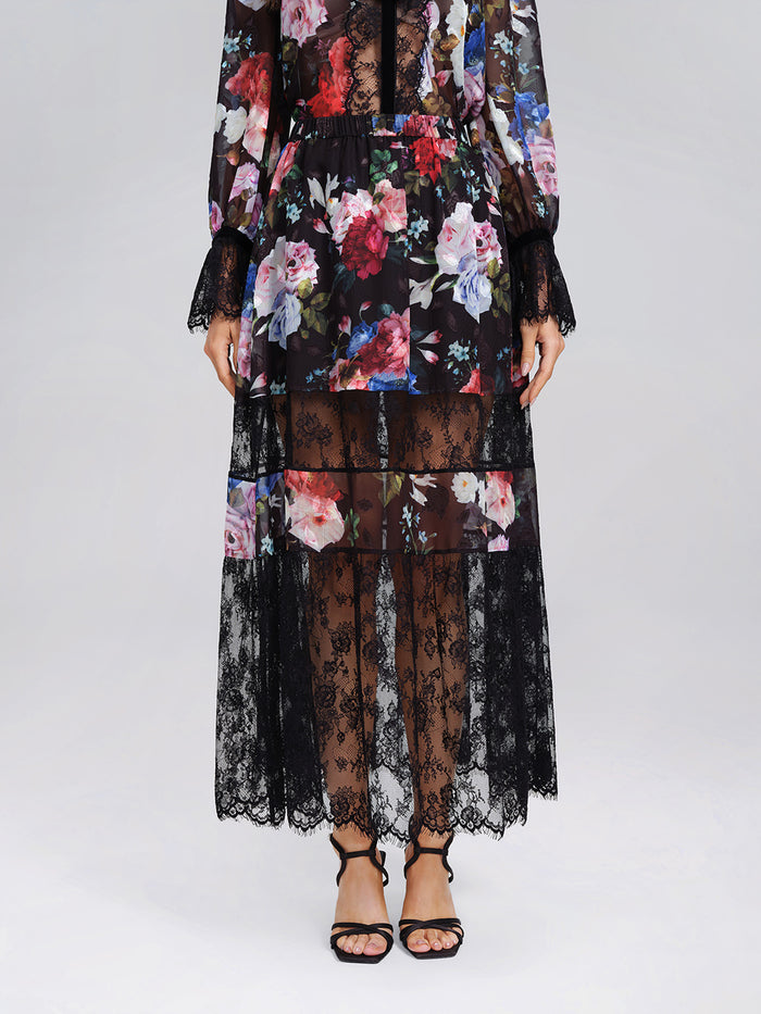 Oil Rose Print Lace Mesh Skirt